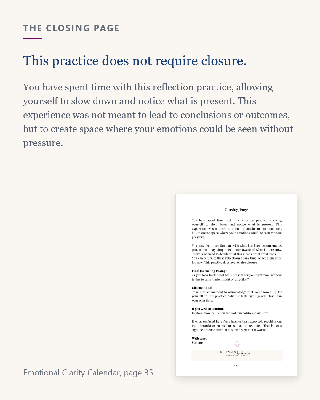 Excerpt from the Emotional Clarity Calendar closing page, this practice does not require closure