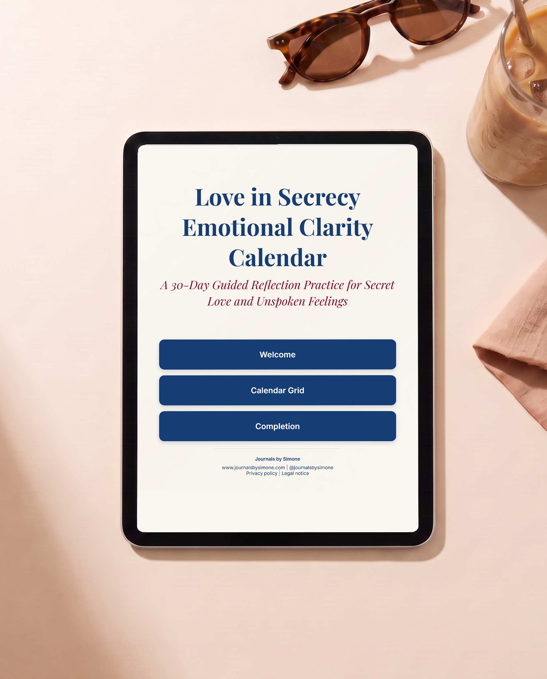 Emotional Clarity Calendar on iPad, 30-day guided reflection for secret love, warm summer scene with sunglasses and iced coffee