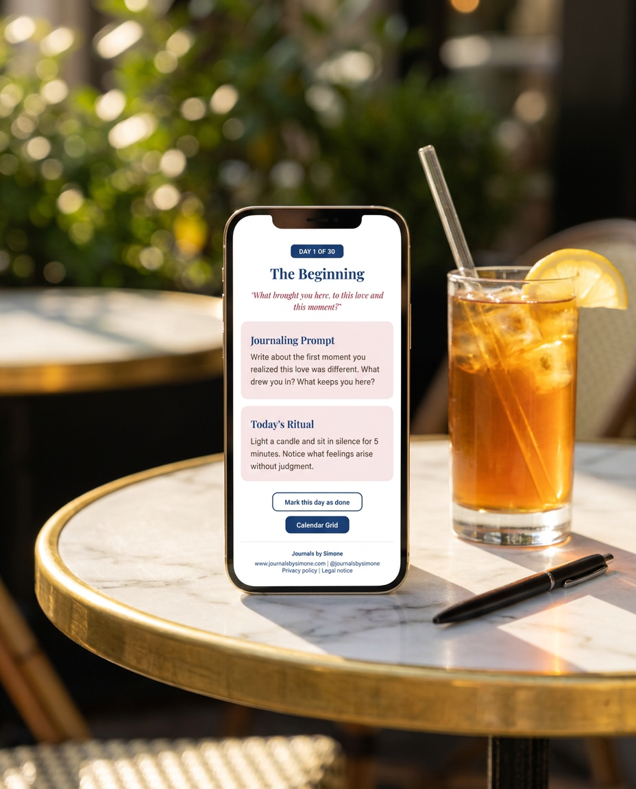 Day 1 of the Emotional Clarity Calendar, The Beginning, shown on a phone with a journaling prompt and ritual at a summer cafe