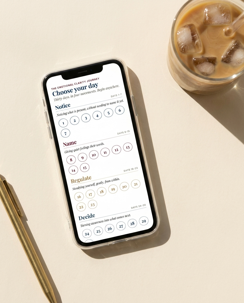 Emotional Clarity Calendar 30-day grid on iPhone showing the four movements Notice, Name, Regulate and Decide