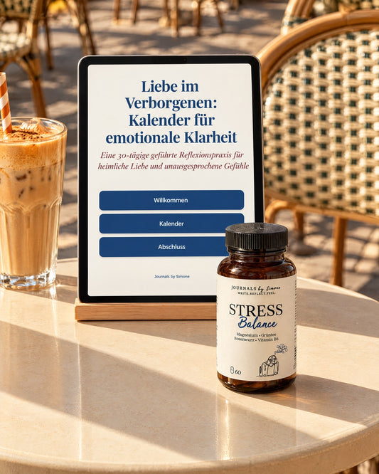 Herbstritual-Set: Stress Balance und der Kalender für emotionale Klarheit auf einem Tablet