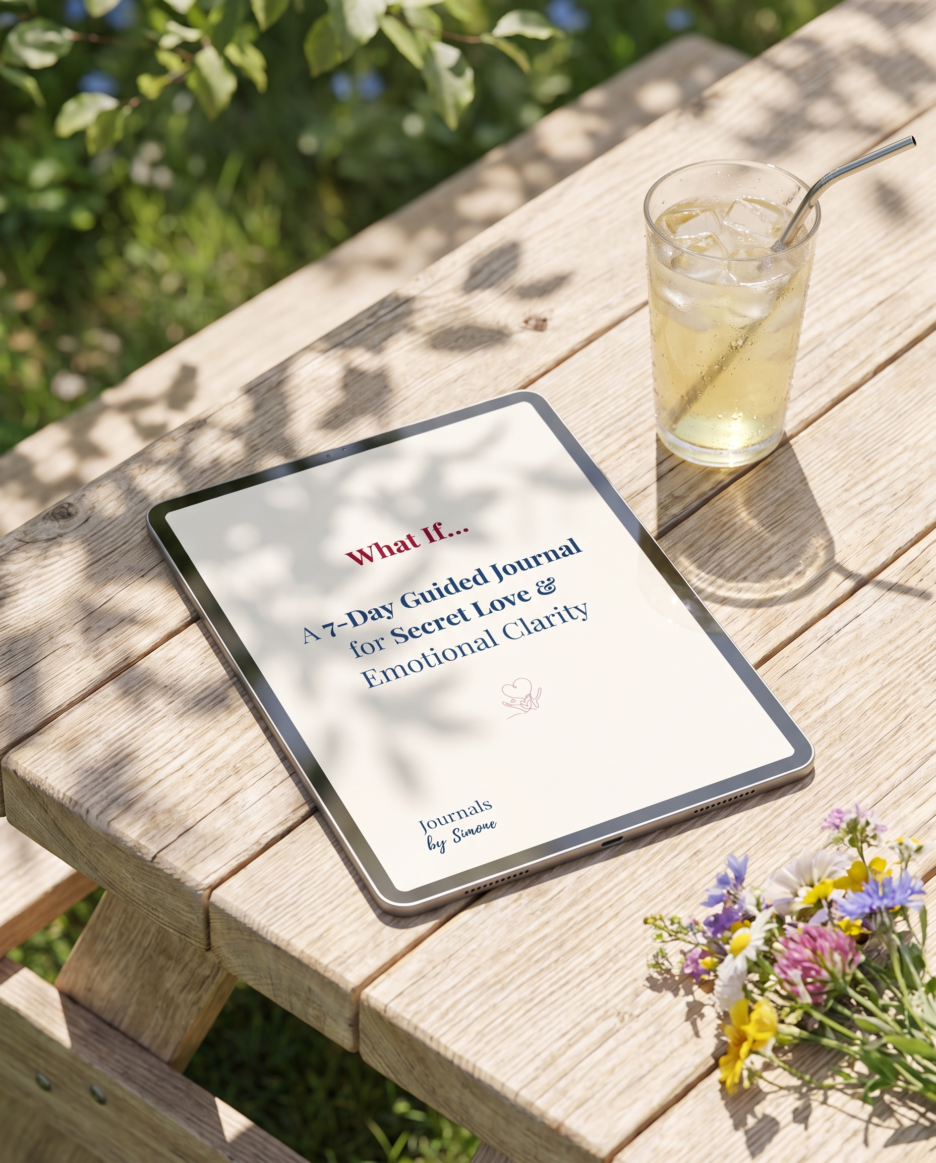 What If... 7-Day Guided Journal summer lifestyle, iPad with app cover on a garden picnic table with iced lemonade and wildflowers