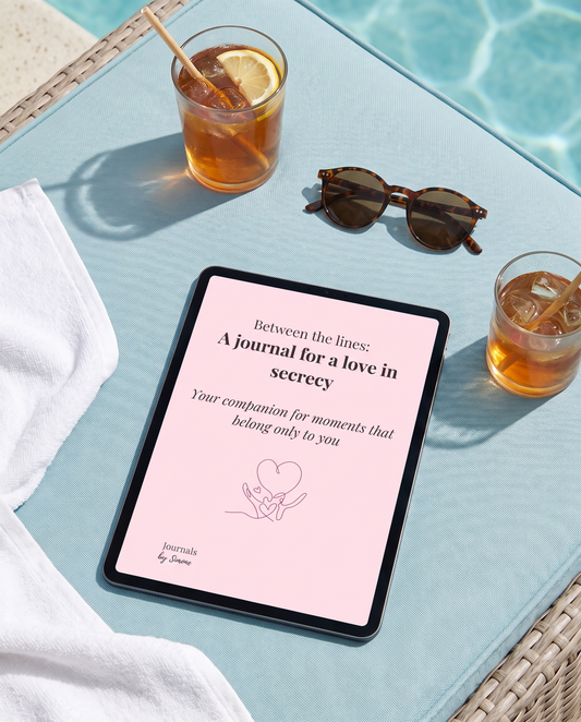 Love in Secrecy Journal Standard Edition summer lifestyle, iPad with app cover poolside with iced tea and sunglasses