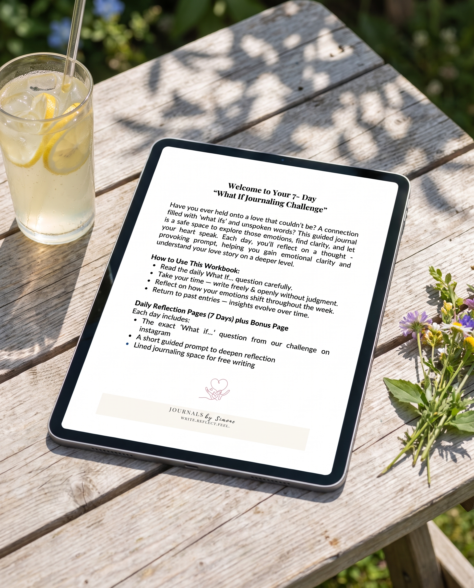 What If... 7-Day Guided Journal, Welcome and How to Use This Workbook page shown on iPad at a garden picnic table