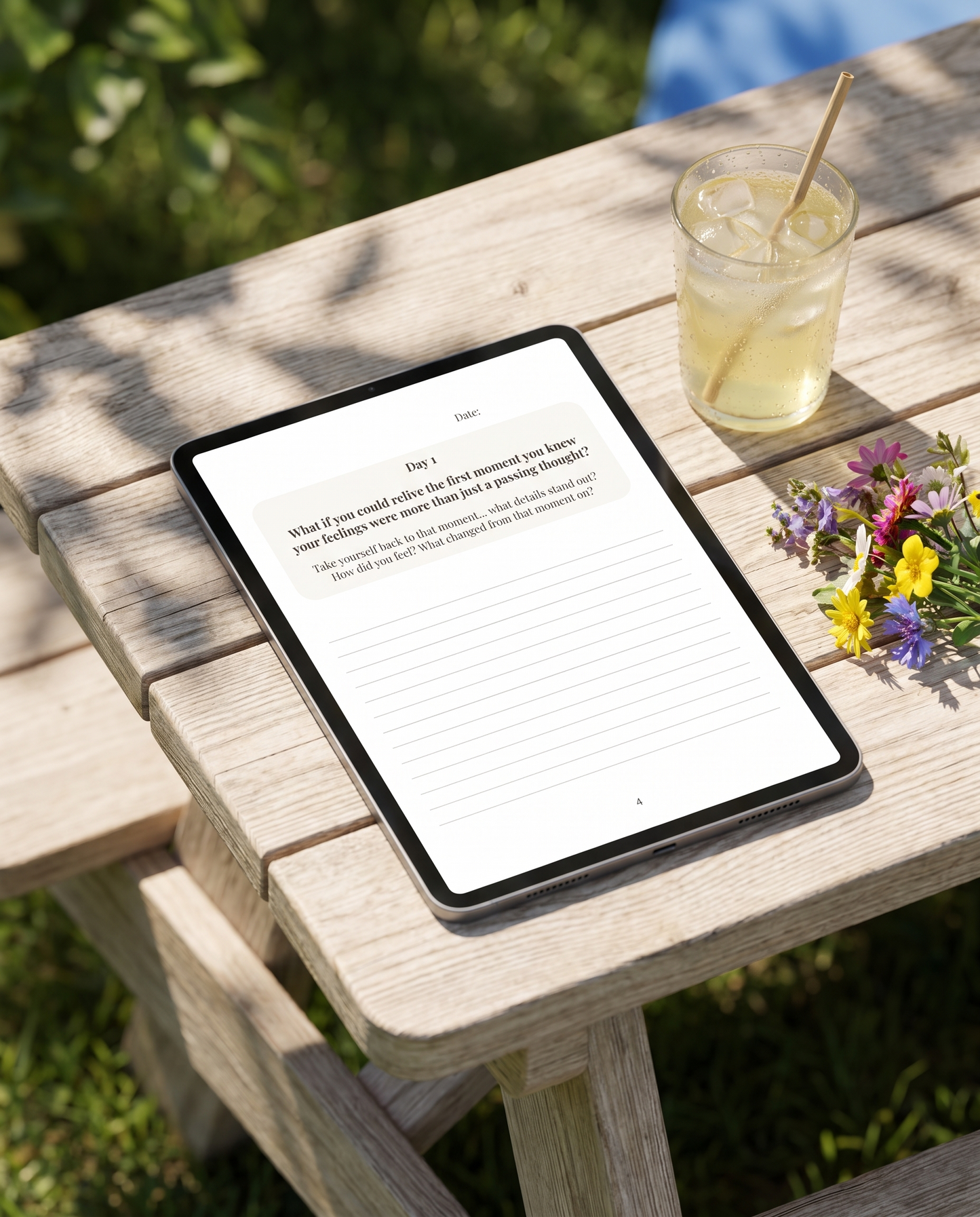 What If... 7-Day Guided Journal, Day 1 reflection prompt page shown on iPad at a garden picnic table