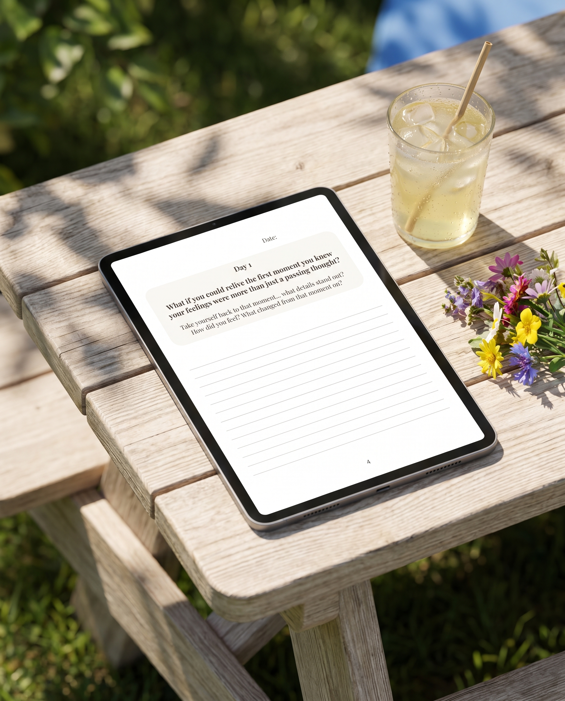 What If... 7-Day Guided Journal, Day 1 reflection prompt page shown on iPad at a garden picnic table