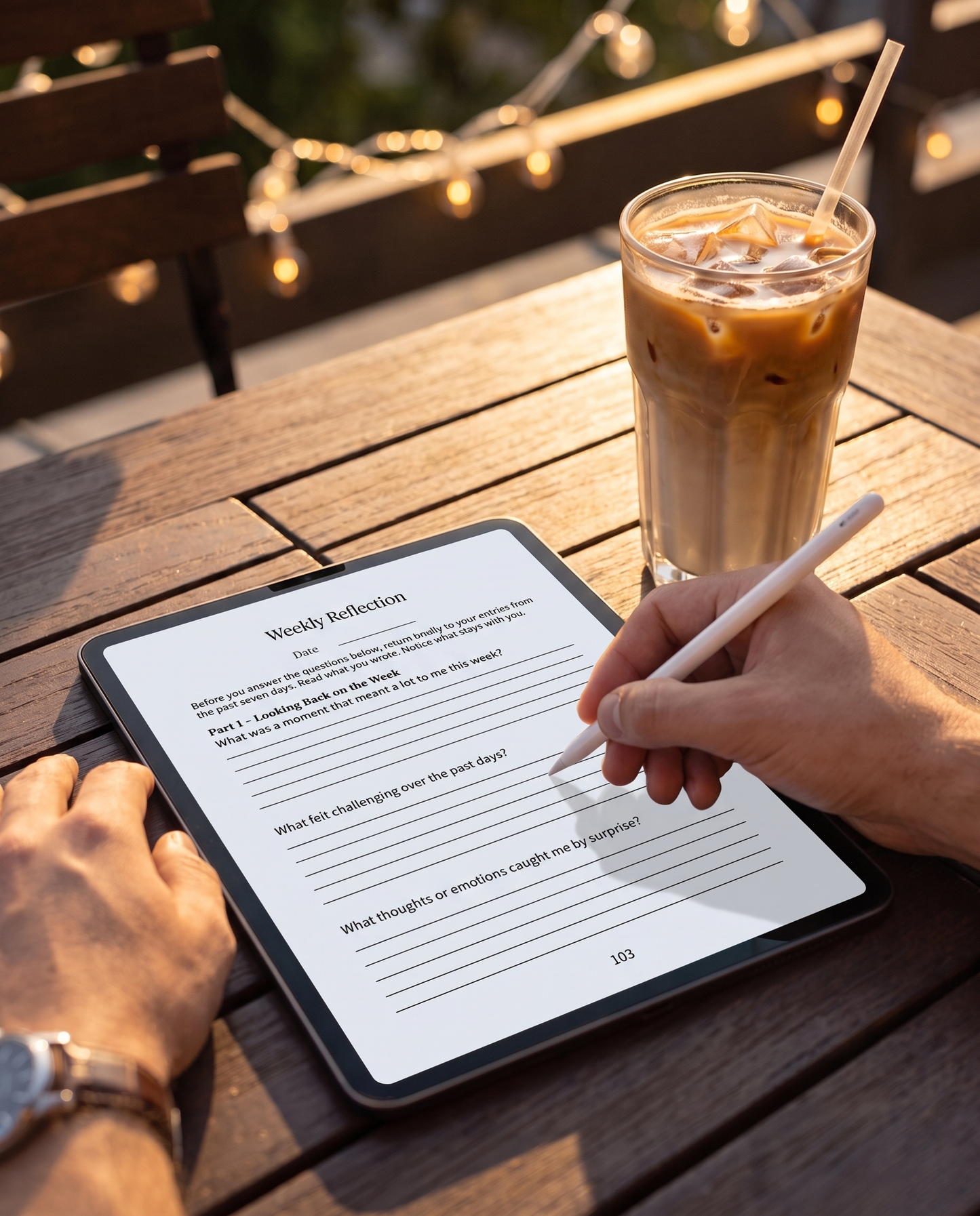 Writing a weekly reflection in the Love in Secrecy Midnight Edition on iPad with Apple Pencil