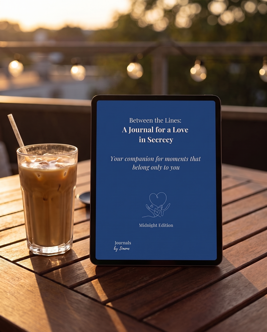 Love in Secrecy Midnight Edition cover on iPad on a golden hour terrace with iced coffee, structured 90-day journal for secret love