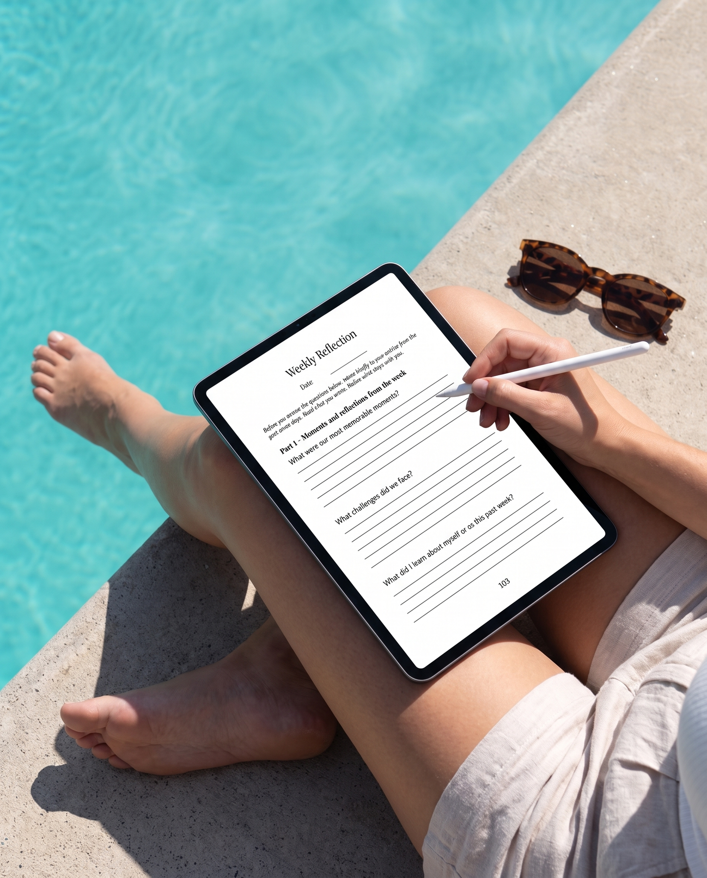 Writing a weekly reflection in the Love in Secrecy Journal on iPad with Apple Pencil at the pool edge