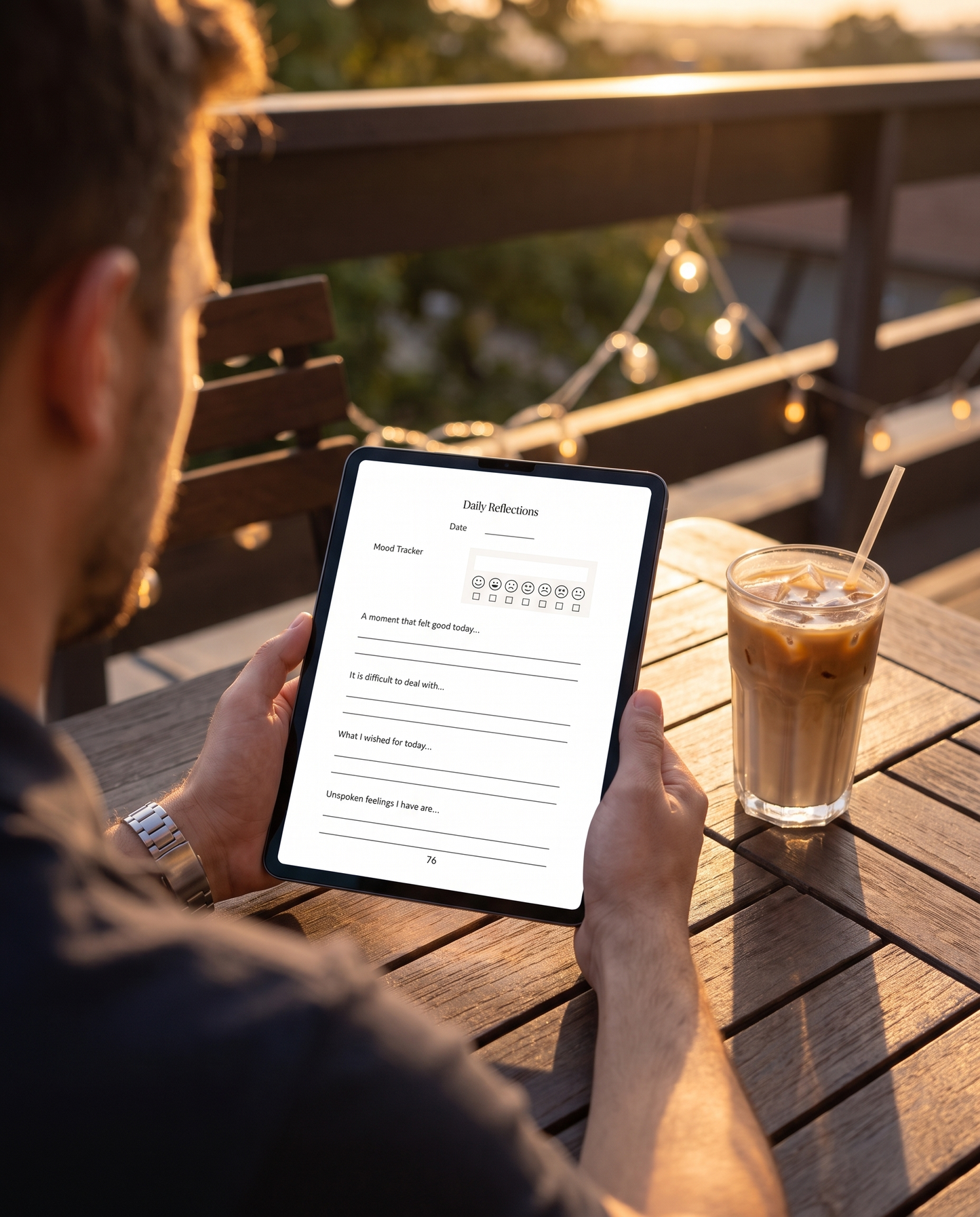 Reading the daily page with mood tracker of the Love in Secrecy Midnight Edition on iPad on a terrace at golden hour
