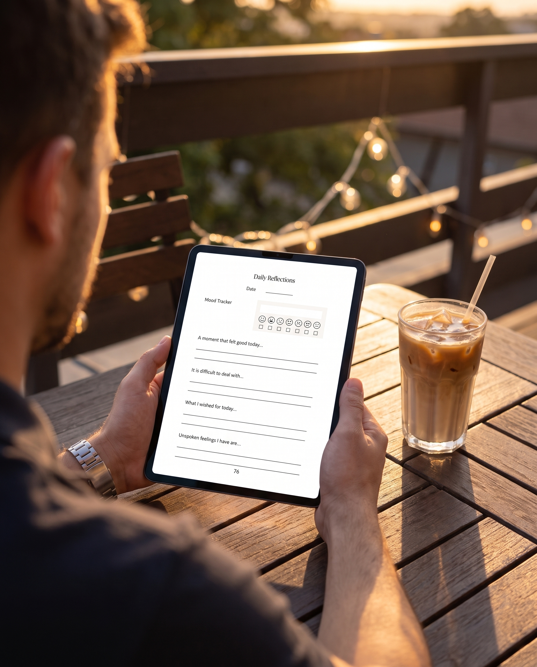 Reading the daily page with mood tracker of the Love in Secrecy Midnight Edition on iPad on a terrace at golden hour