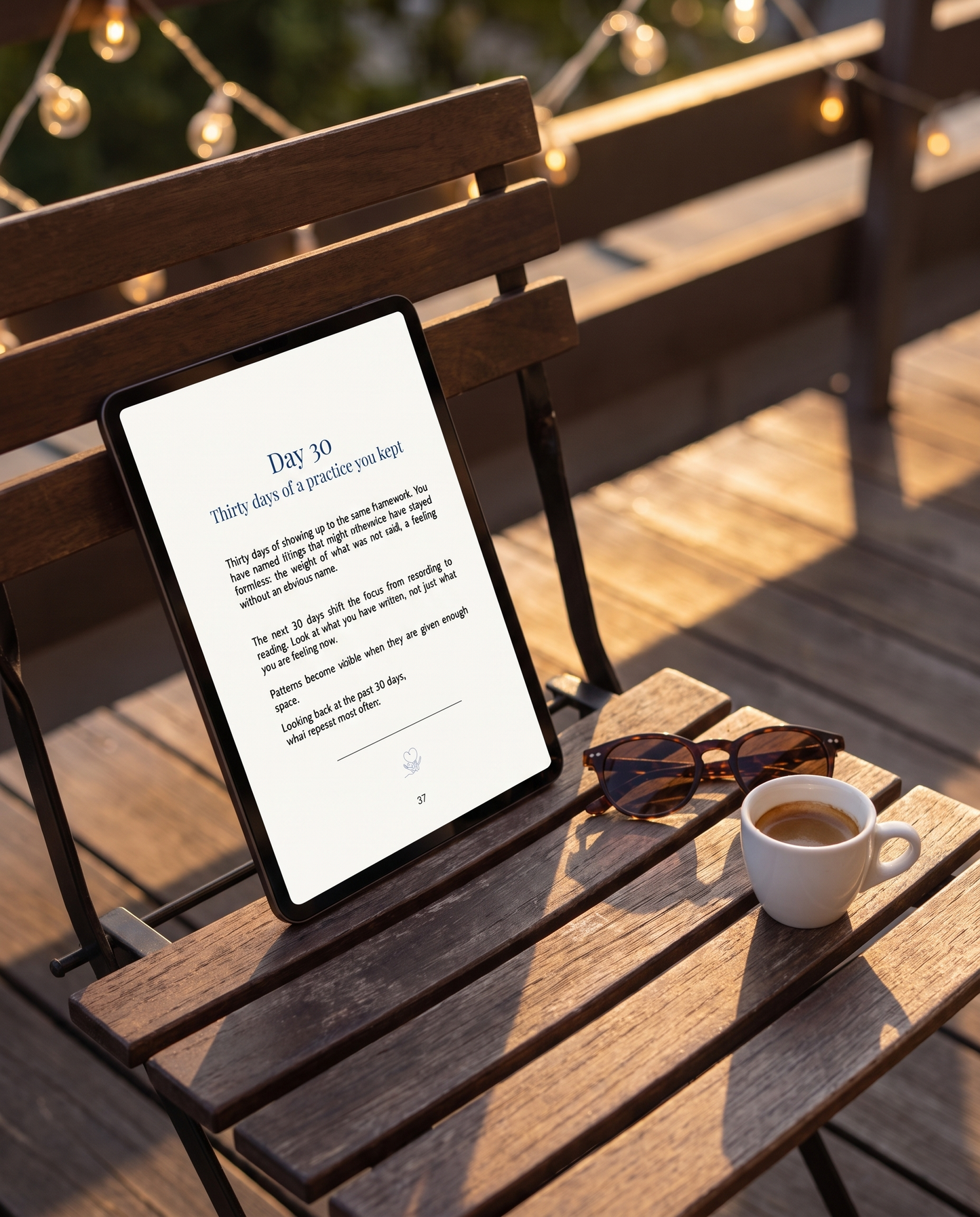 Day 30 milestone page of the Love in Secrecy Midnight Edition on iPad on a terrace bench with espresso and sunglasses