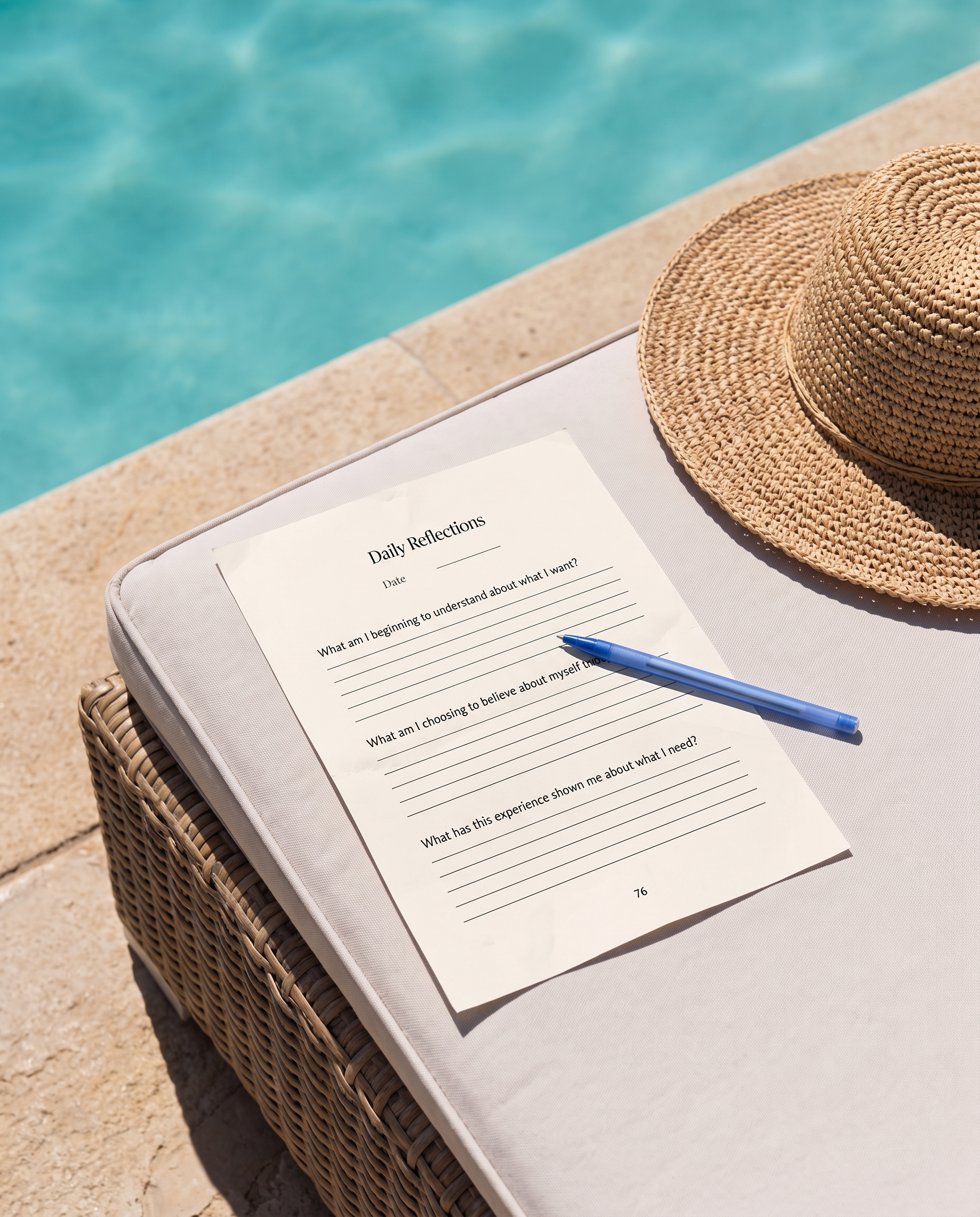 Printed A4 page of the Love in Secrecy Journal with a ballpoint pen on a sun lounger, print the PDF at home