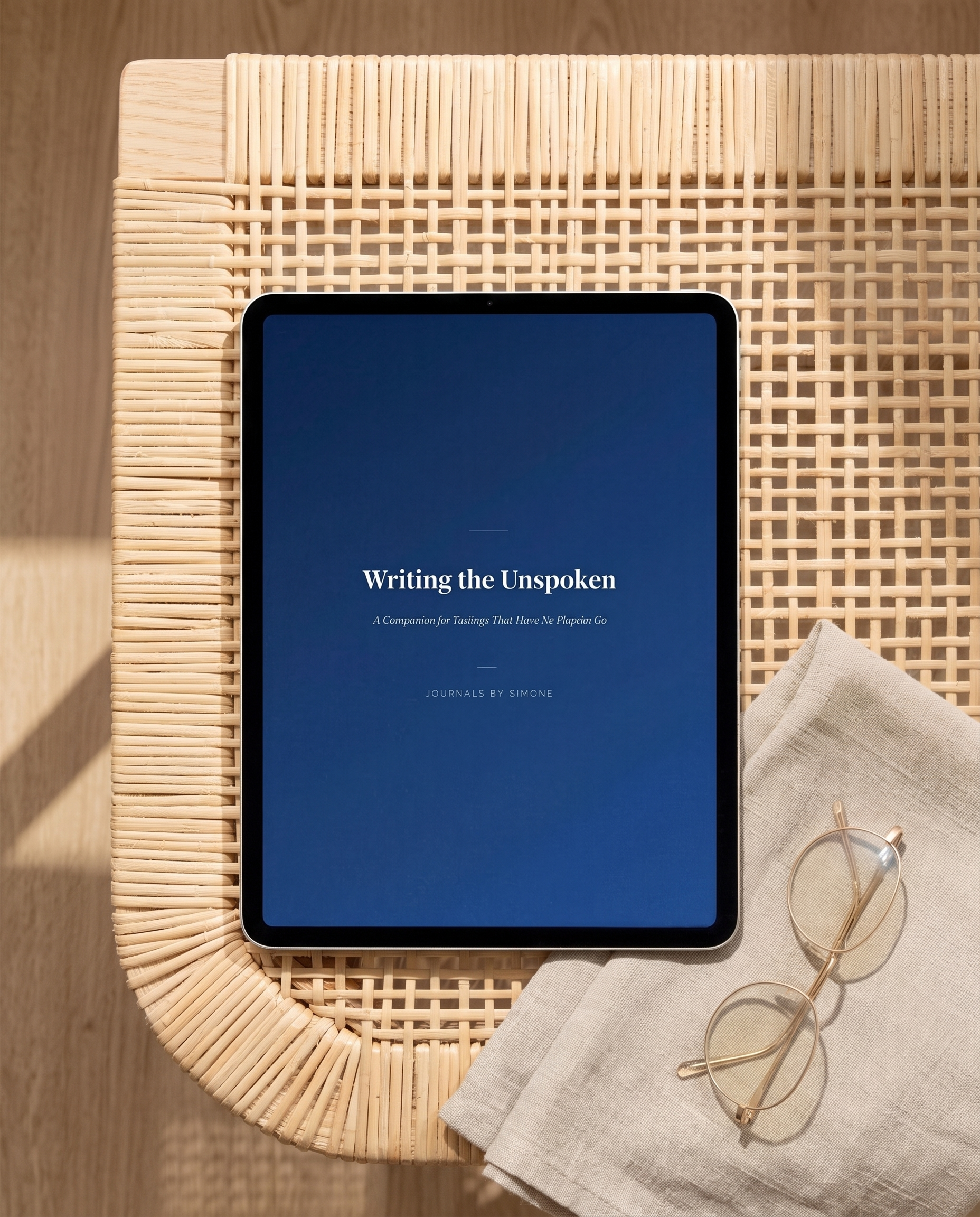 Writing the Unspoken guided eBook on iPad lying on a rattan chair, companion for secret love and unspoken feelings