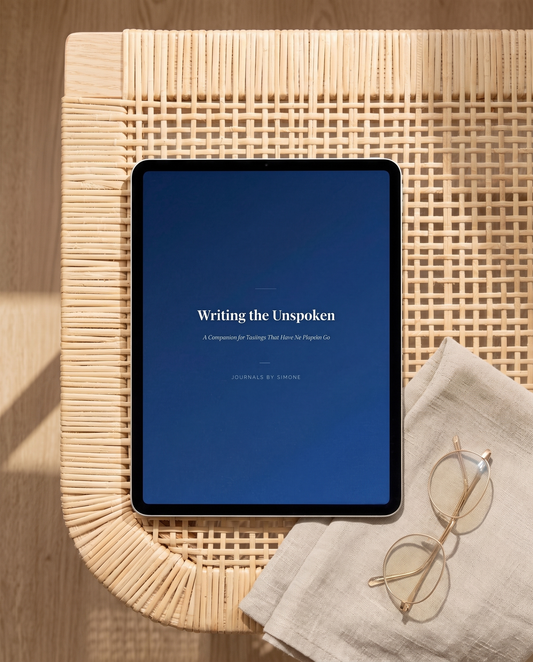 Writing the Unspoken guided eBook on iPad lying on a rattan chair, companion for secret love and unspoken feelings