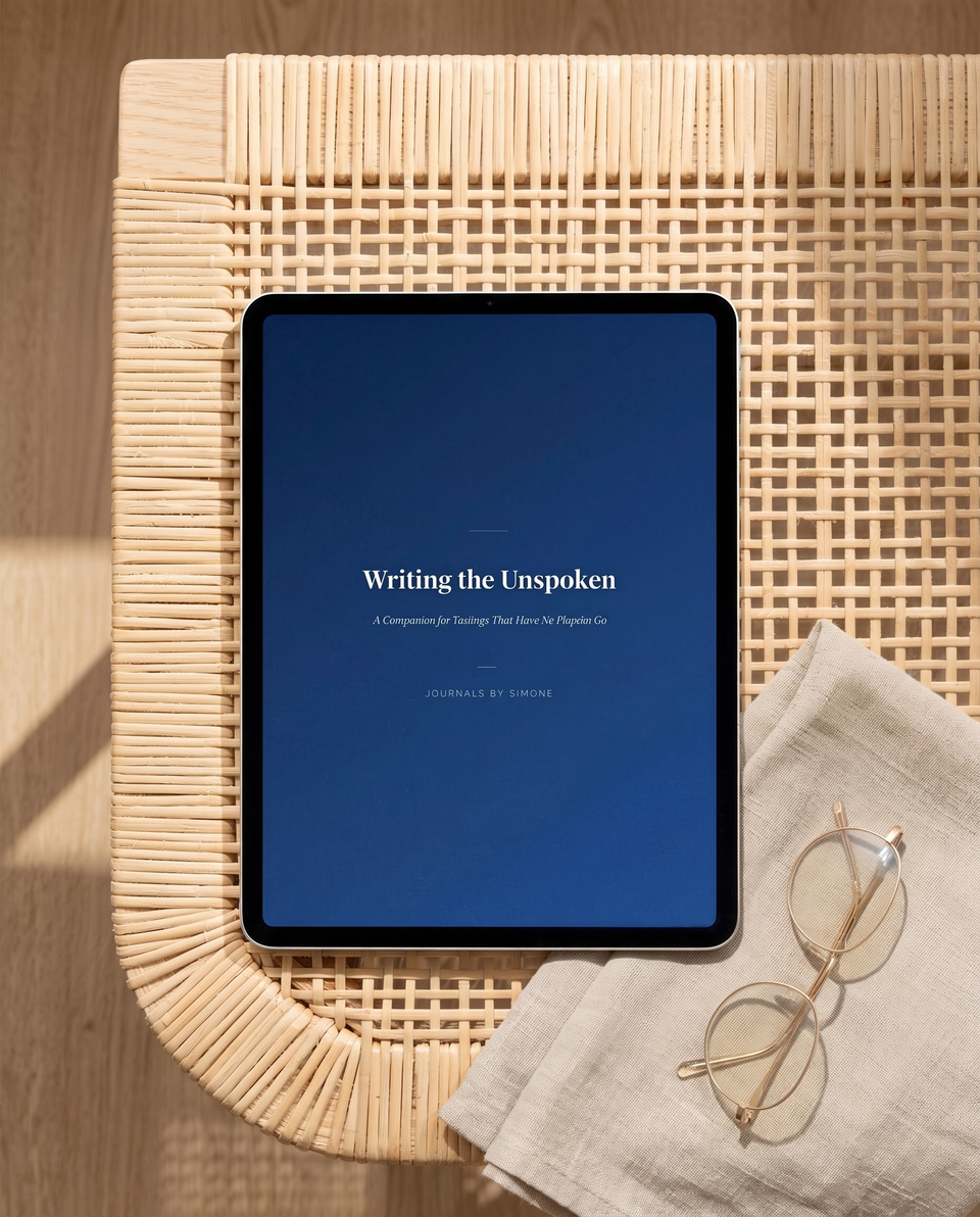 Writing the Unspoken guided eBook on iPad lying on a rattan chair, companion for secret love and unspoken feelings