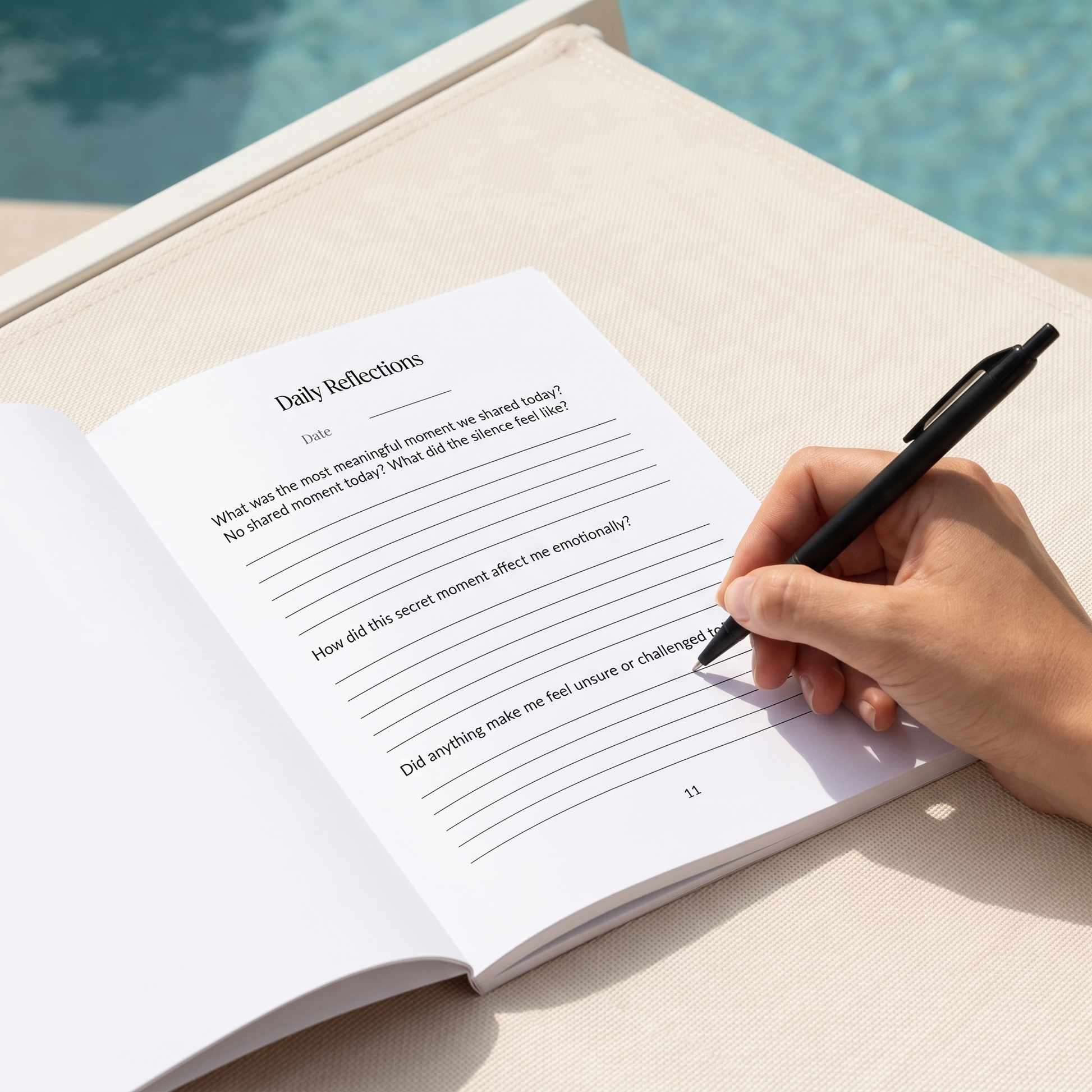 Writing with a ballpoint pen on the Daily Reflections page of the Love in Secrecy softcover print journal by the pool, pen resting on the empty lines