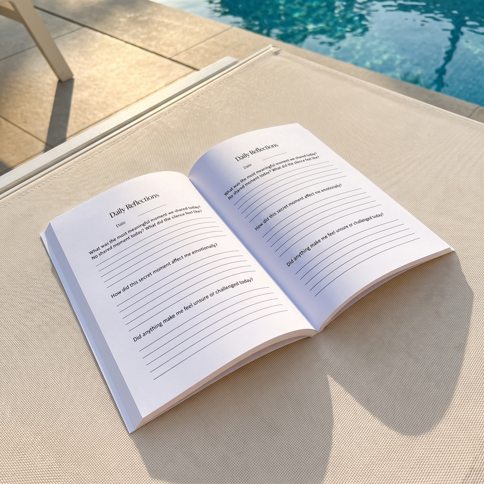 Open Love in Secrecy softcover print journal showing the Daily Reflections spread with three guided questions, slim perfect-bound paperback by the pool