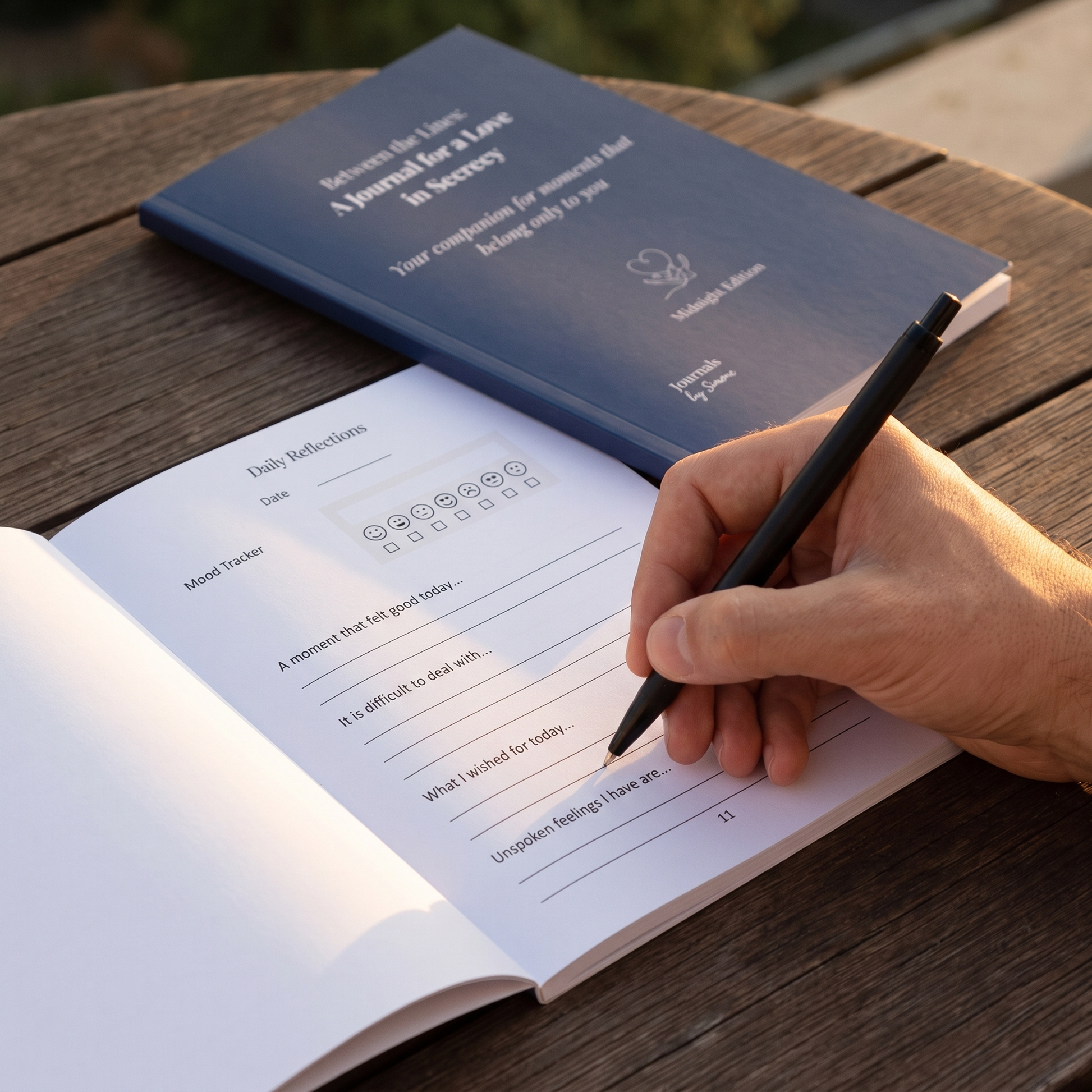 Writing with a ballpoint pen on the Daily Reflections page with mood tracker of the Love in Secrecy Midnight Edition print journal, navy softcover on a terrace at golden hour
