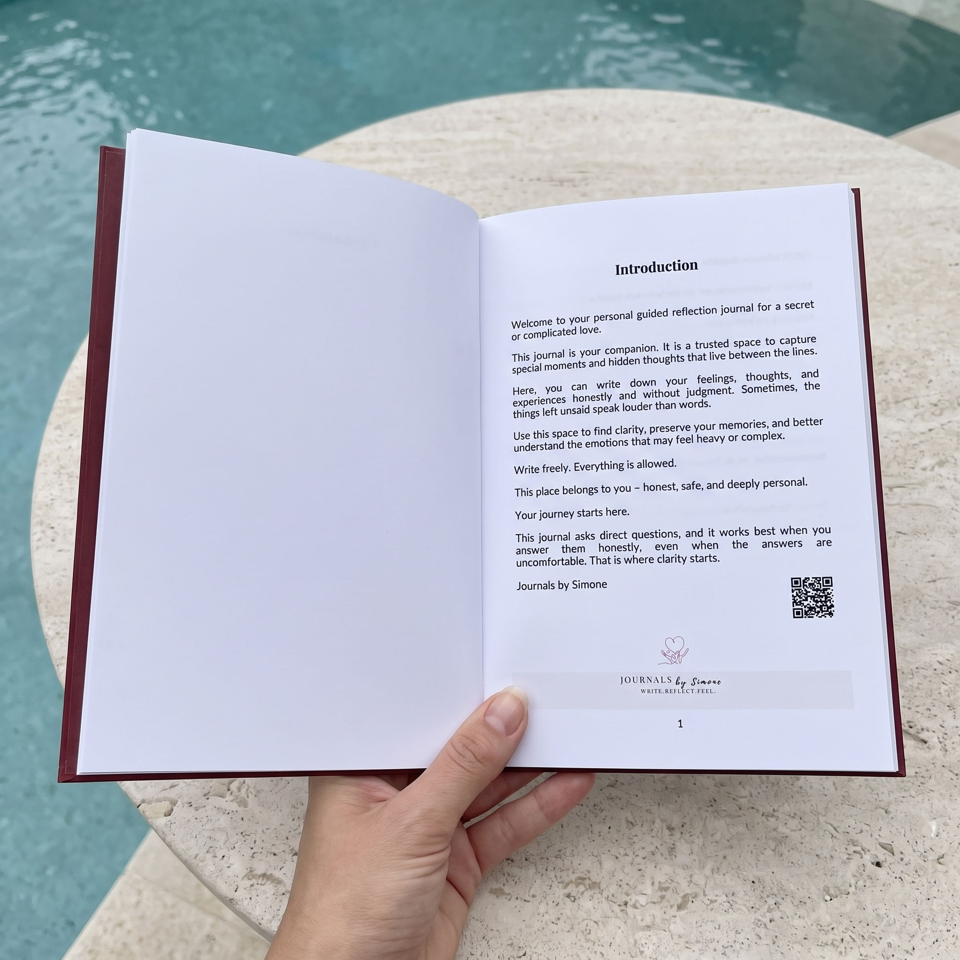 Inside front cover and Introduction page of the Love in Secrecy print journal, burgundy softcover held open by the pool