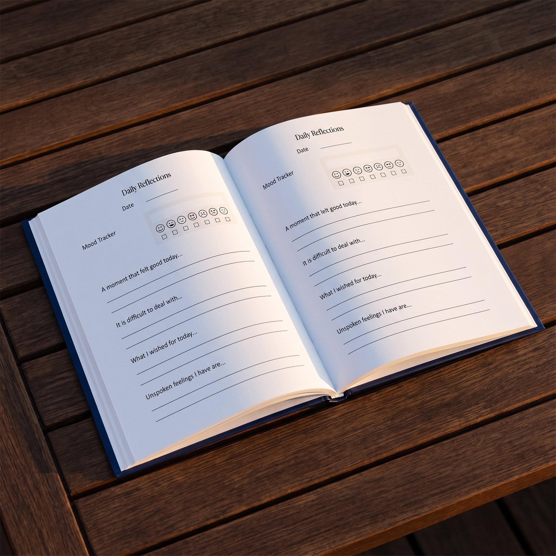 Open Love in Secrecy Midnight Edition softcover print journal showing the Daily Reflections spread with mood tracker and four prompts, slim perfect-bound paperback