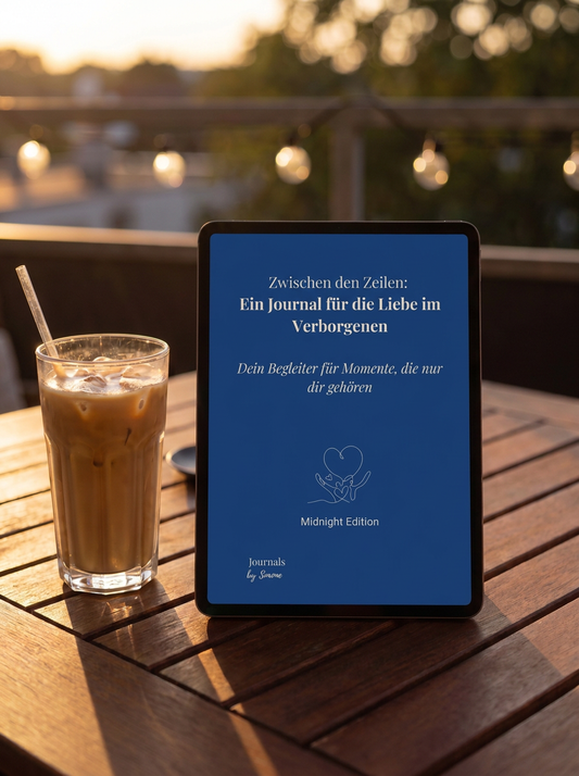 Liebe im Verborgenen Midnight Edition deutsche Ausgabe auf dem iPad auf einer Terrasse zur goldenen Stunde, strukturiertes 90-Tage-Journal für heimliche Liebe