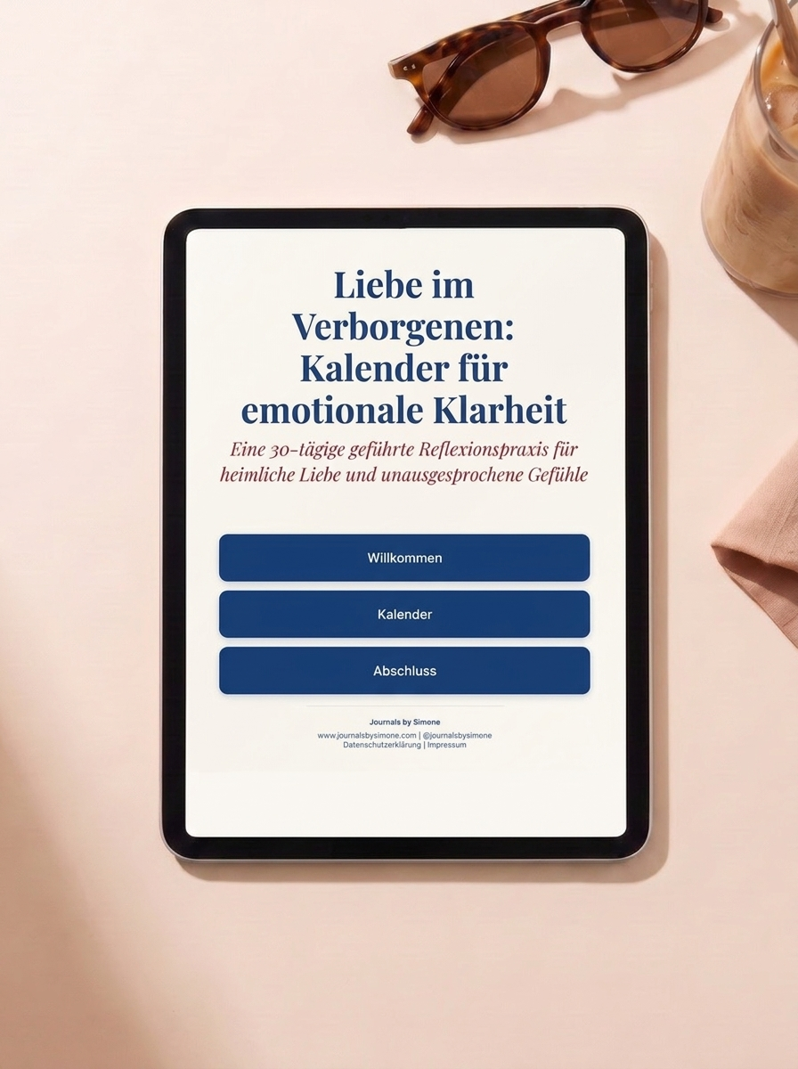 Kalender für emotionale Klarheit, deutsche Ausgabe auf dem iPad, sommerliche Szene mit Sonnenbrille und Eiskaffee