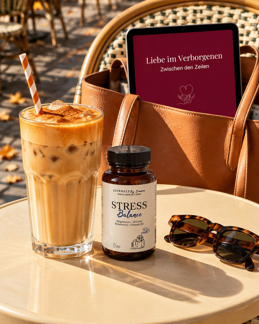 Klarheits-Set: Stress Balance Flasche neben einem Iced Pumpkin Latte, dahinter Liebe im Verborgenen auf dem Tablet in einer Ledertasche, Herbstsonne