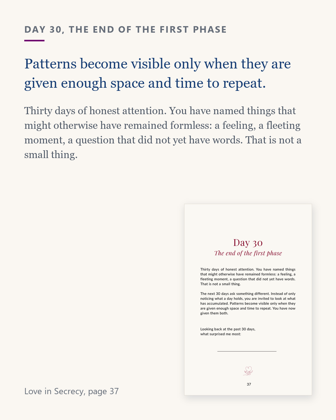 Excerpt from Love in Secrecy, page 37, patterns become visible when they are given space and time
