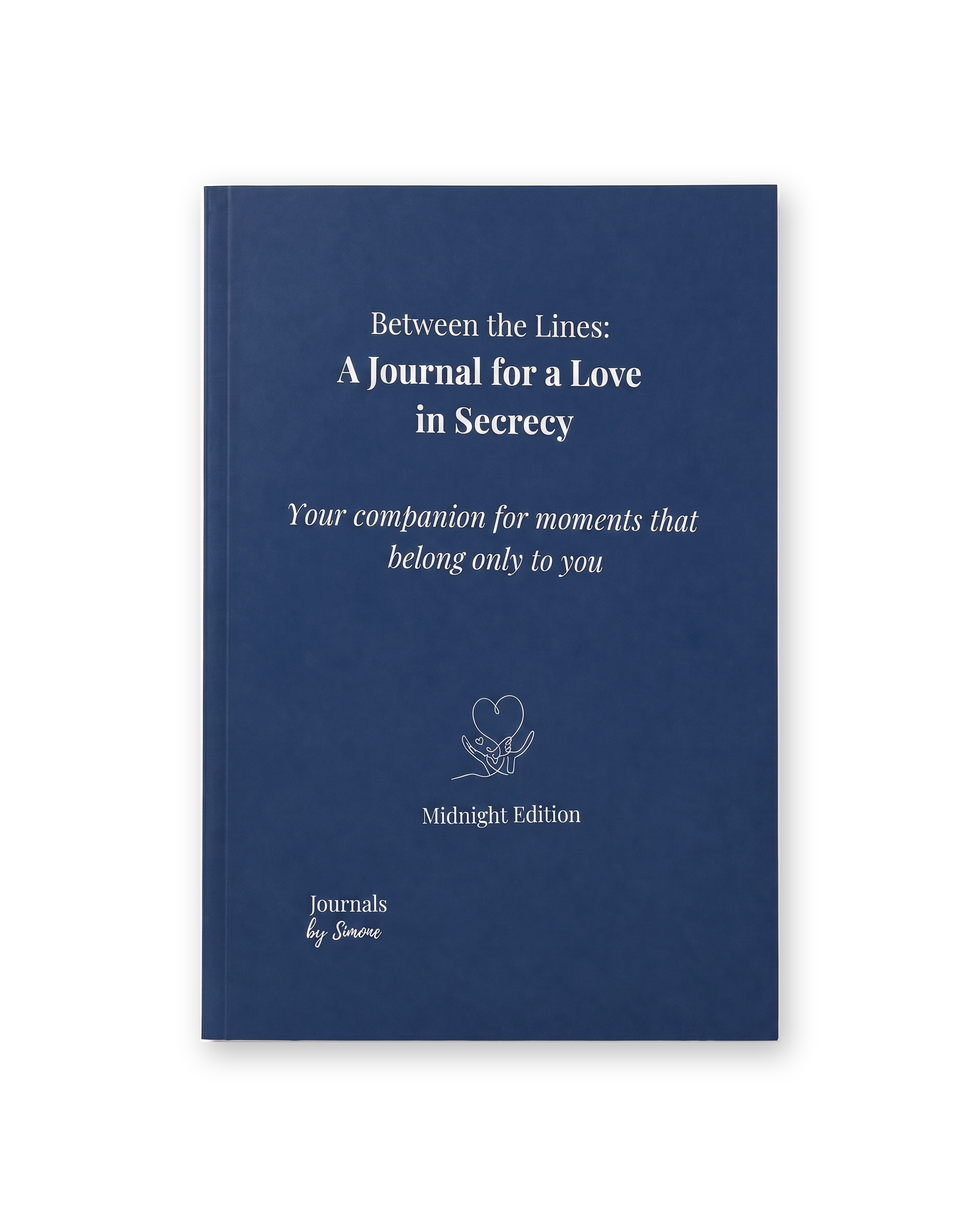 Love in Secrecy Midnight Edition print journal, navy softcover paperback, flatlay front view on white background