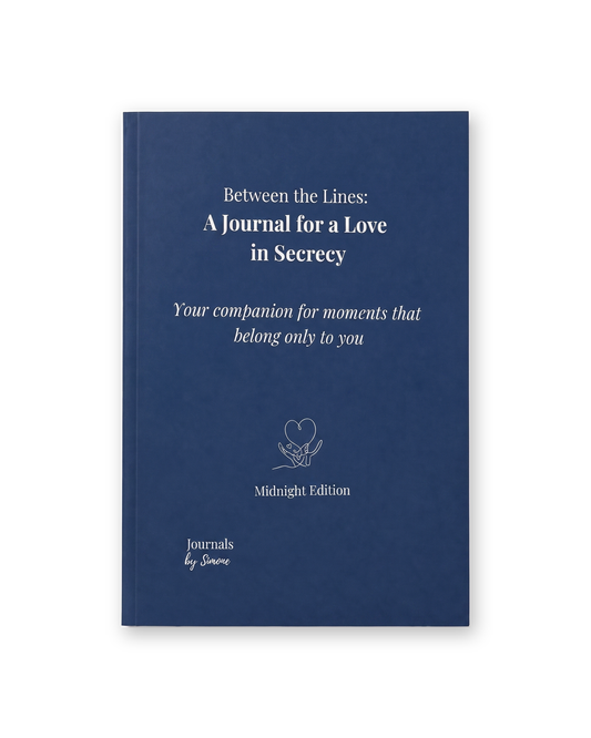 Love in Secrecy Midnight Edition print journal, navy softcover paperback, flatlay front view on white background