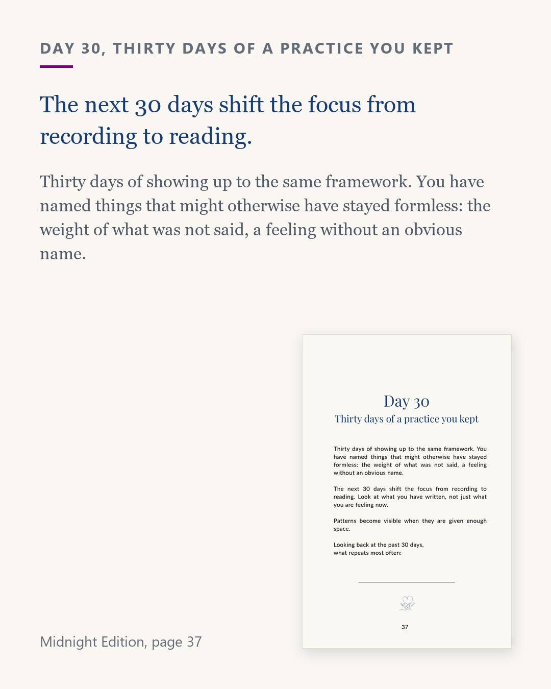 Excerpt from the Midnight Edition, page 37, the next 30 days shift the focus from recording to reading