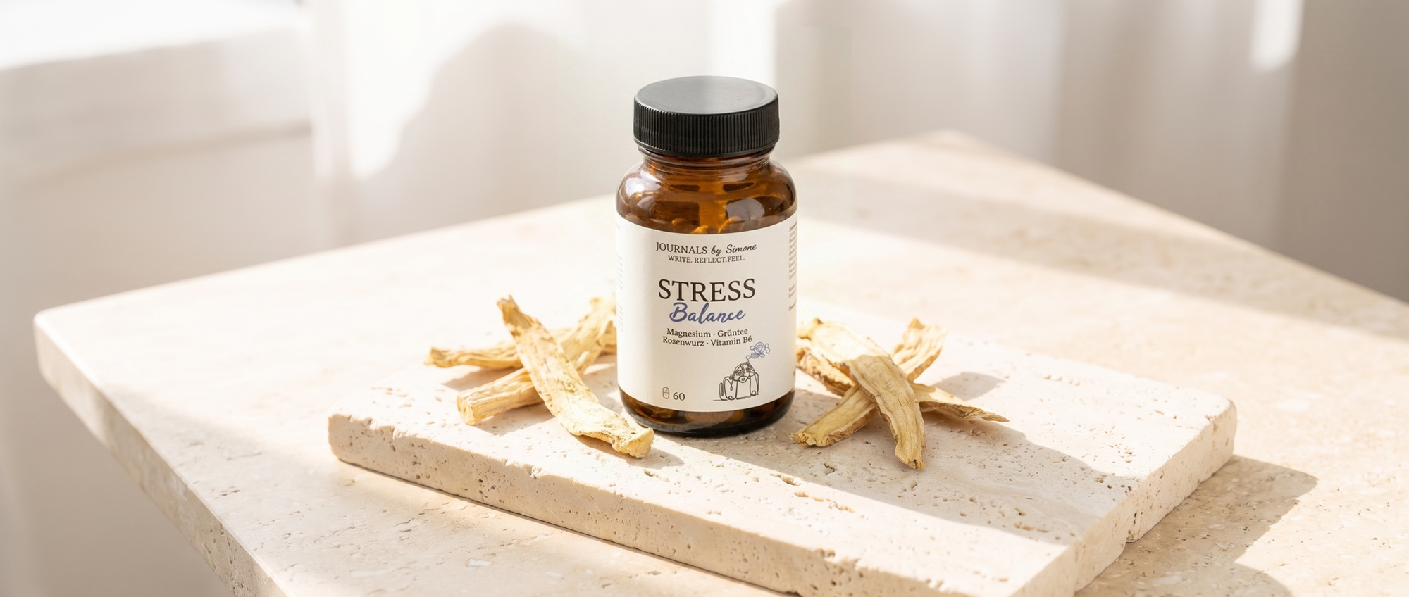 Stress Balance Flasche mit Rosenwurz auf Travertin, Journals by Simone Mikronährstoffe