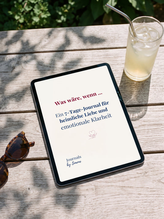 Was wäre, wenn …, 7-Tage-Journal für heimliche Liebe und emotionale Klarheit, deutsche Ausgabe auf dem iPad an einem Gartentisch mit Limonade und Sonnenbrille