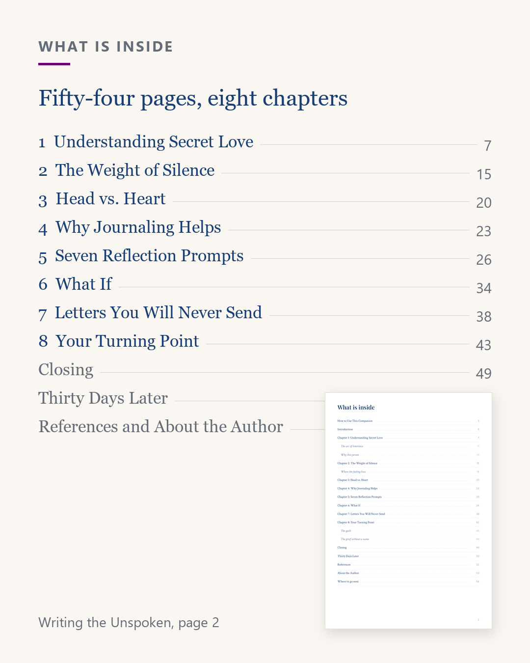 Writing the Unspoken contents, fifty-four pages and eight chapters with page numbers