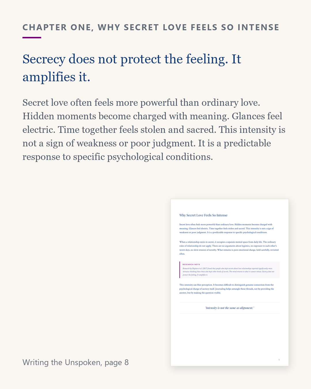 Excerpt from Writing the Unspoken, page 8, on why secret love feels so intense