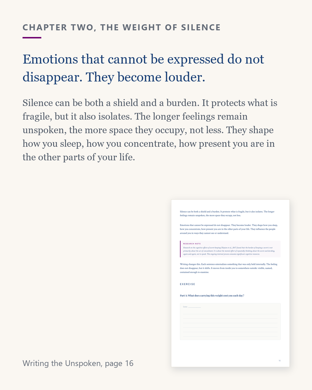 Excerpt from Writing the Unspoken, page 16, unexpressed emotions become louder