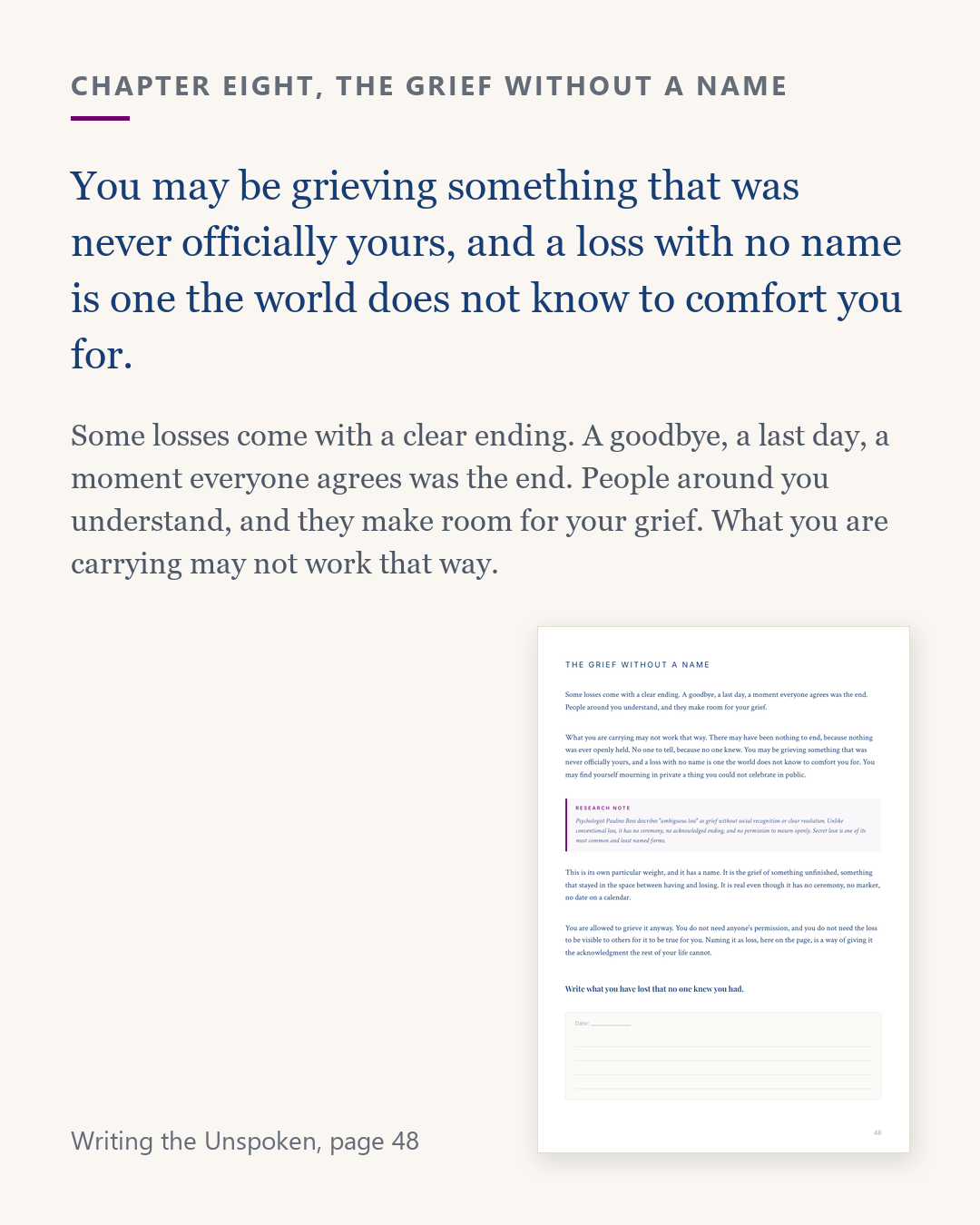 Excerpt from Writing the Unspoken, page 48, grieving a loss that has no name