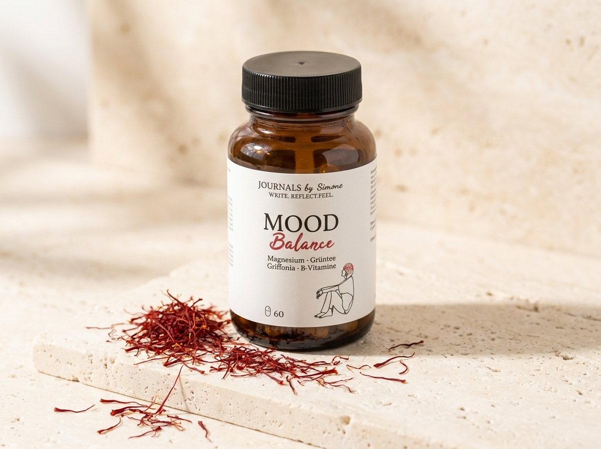 Mood Balance Flasche mit Safranfäden im Lichtstrahl