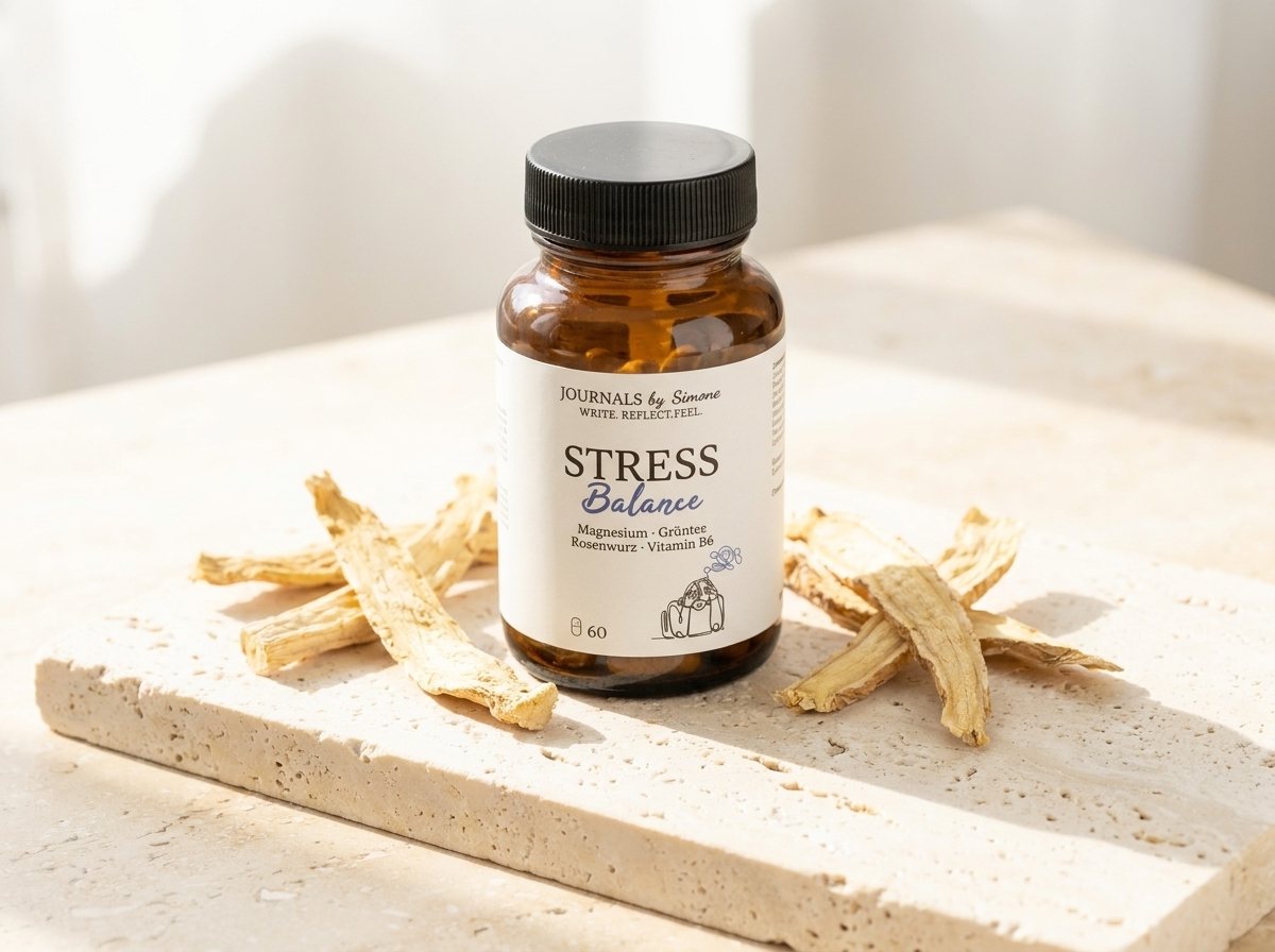 Stress Balance Flasche mit Rosenwurz-Wurzeln im Lichtstrahl