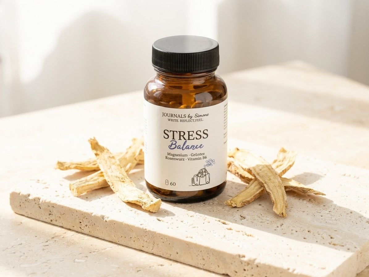 Stress Balance Flasche mit Rosenwurz auf Travertin