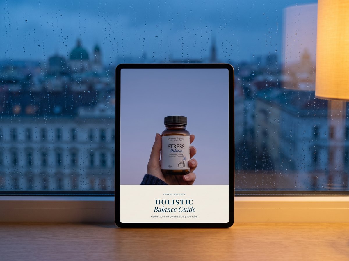 Der Holistic Balance Guide auf einem Tablet vor dem Regenfenster zur blauen Stunde
